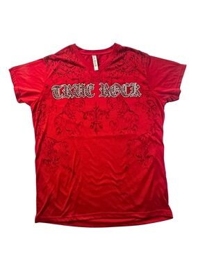 True Rock XL Red Y2K Skull Wings Graphic V-Neck T-Shirt